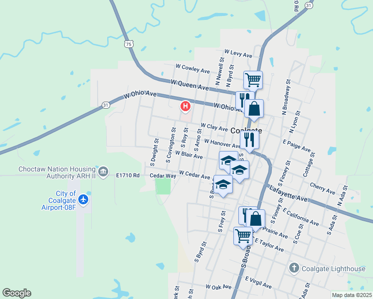 map of restaurants, bars, coffee shops, grocery stores, and more near 405-409 West Hanover Avenue in Coalgate