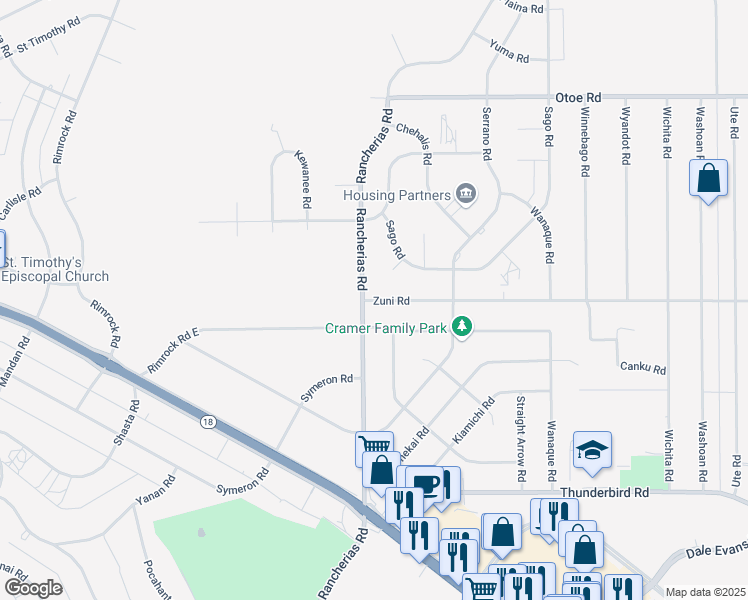 map of restaurants, bars, coffee shops, grocery stores, and more near 15743 Rancherias Road in Apple Valley
