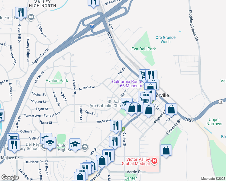 map of restaurants, bars, coffee shops, grocery stores, and more near 15552 3rd Street in Victorville