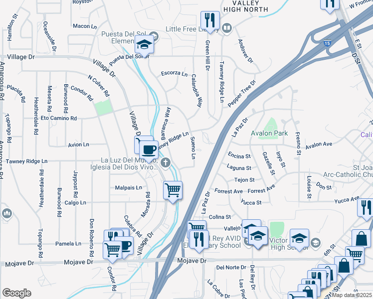 map of restaurants, bars, coffee shops, grocery stores, and more near 15774 Sueno Lane in Victorville