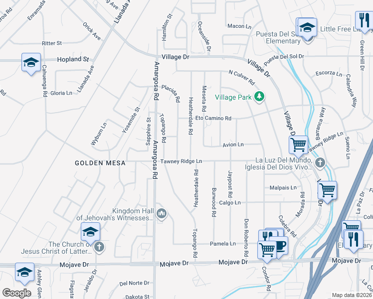 map of restaurants, bars, coffee shops, grocery stores, and more near 15755 Heatherdale Road in Victorville