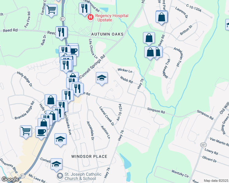 map of restaurants, bars, coffee shops, grocery stores, and more near 311 Simpson Road in Anderson