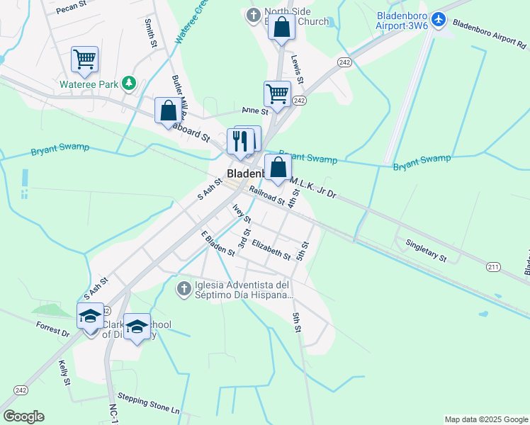 map of restaurants, bars, coffee shops, grocery stores, and more near 213 East Elm Street in Bladenboro