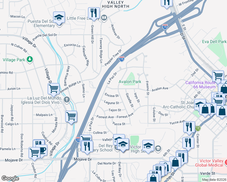 map of restaurants, bars, coffee shops, grocery stores, and more near 16257 Avalon Avenue in Victorville