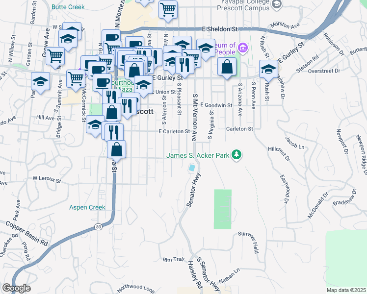map of restaurants, bars, coffee shops, grocery stores, and more near 313 South Pleasant Street in Prescott