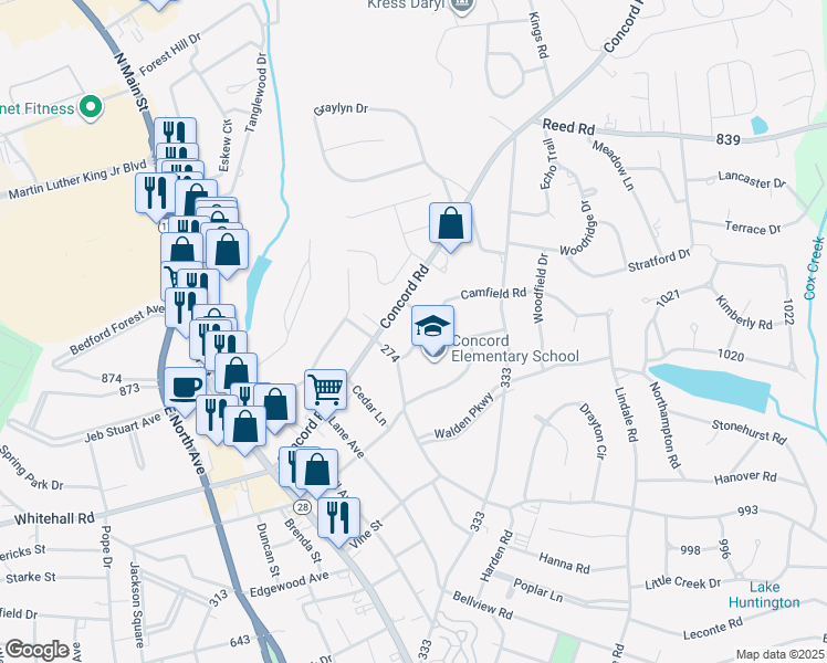 map of restaurants, bars, coffee shops, grocery stores, and more near 500 Concord Road in Anderson