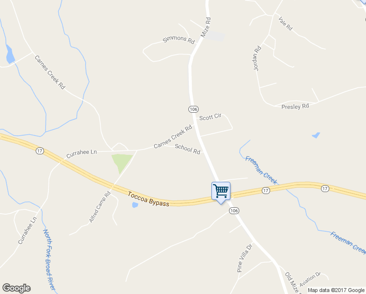 map of restaurants, bars, coffee shops, grocery stores, and more near School Road in Toccoa