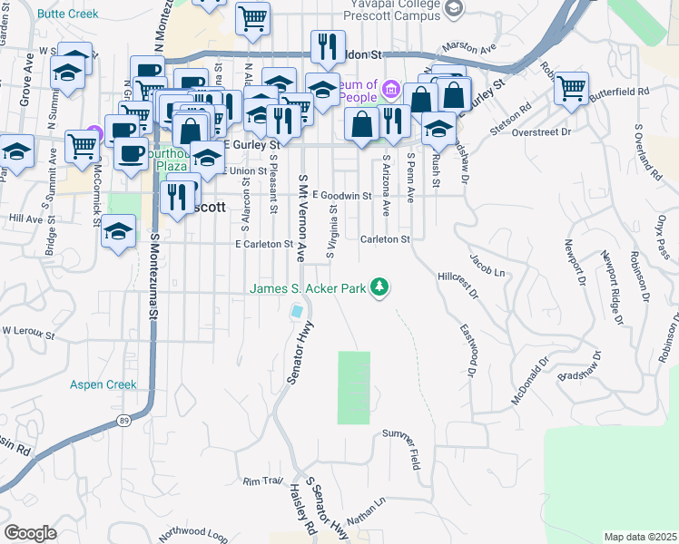 map of restaurants, bars, coffee shops, grocery stores, and more near 308 South Washington Street in Prescott