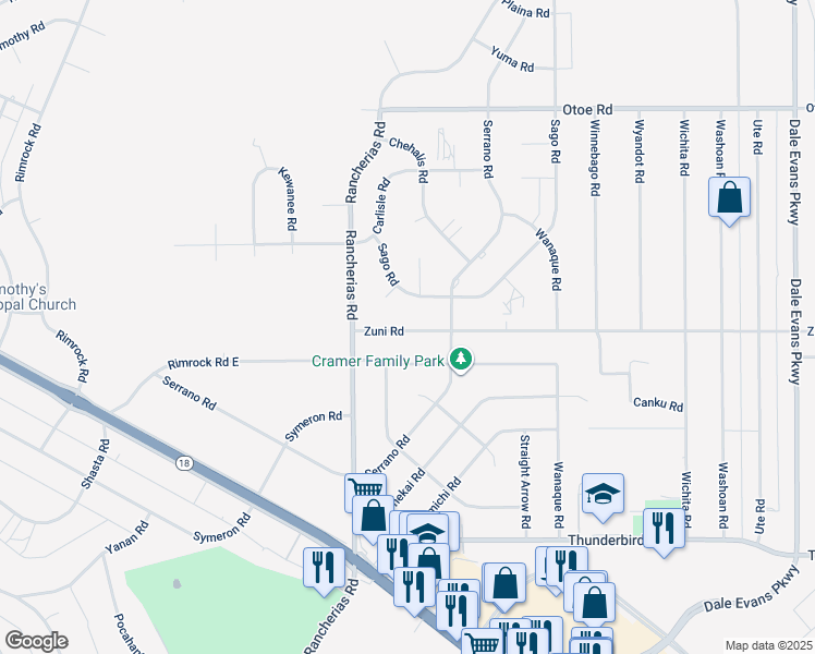 map of restaurants, bars, coffee shops, grocery stores, and more near 20218 Zuni Road in Apple Valley