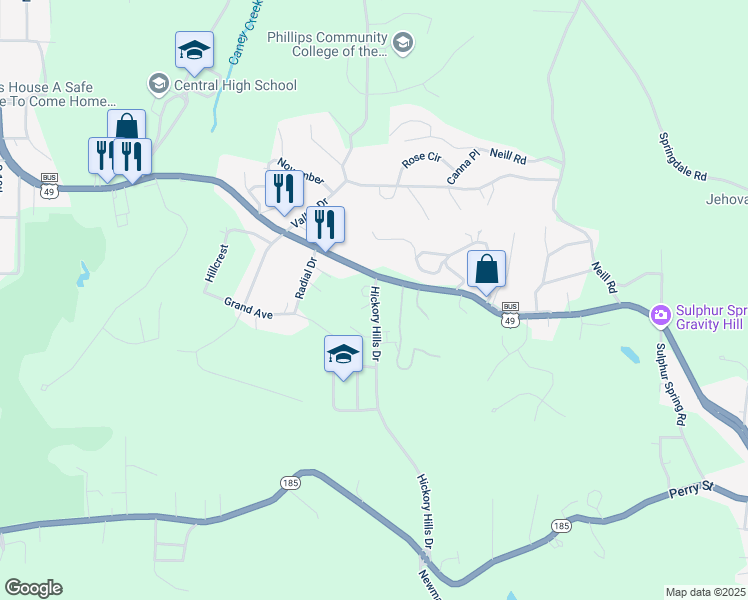 map of restaurants, bars, coffee shops, grocery stores, and more near 125 Hickory Hills Drive in Helena-West Helena