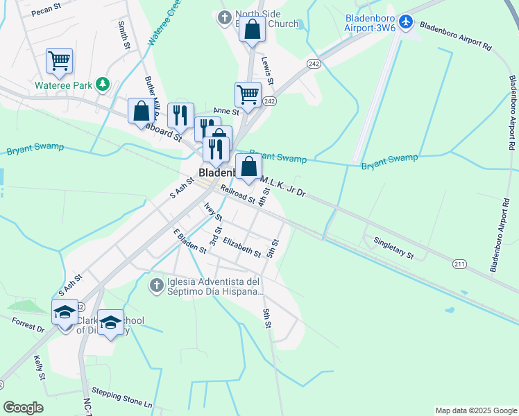 map of restaurants, bars, coffee shops, grocery stores, and more near 213 4th Street in Bladenboro
