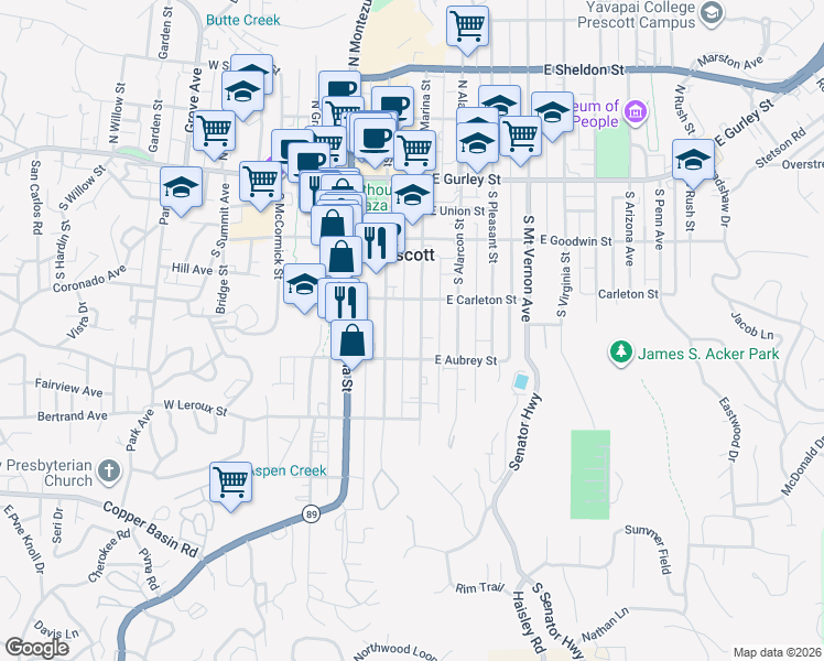 map of restaurants, bars, coffee shops, grocery stores, and more near 326 South Marina Street in Prescott