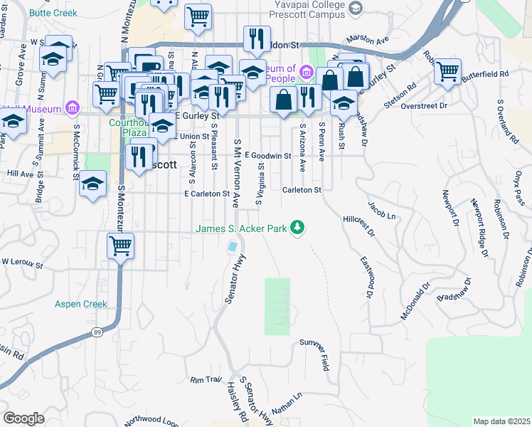 map of restaurants, bars, coffee shops, grocery stores, and more near 308 South Washington Street in Prescott