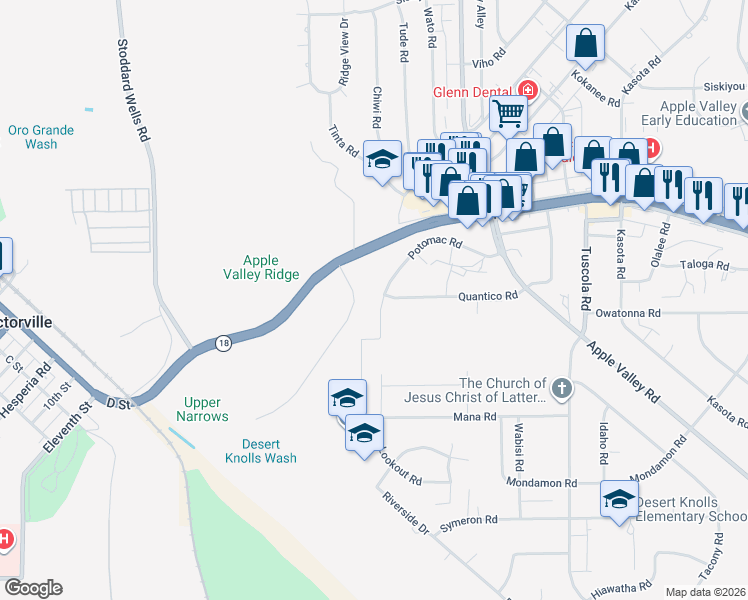 map of restaurants, bars, coffee shops, grocery stores, and more near 15708 Potomac Road in Apple Valley