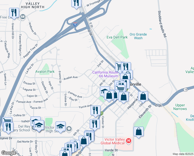 map of restaurants, bars, coffee shops, grocery stores, and more near 15534 3rd Street in Victorville