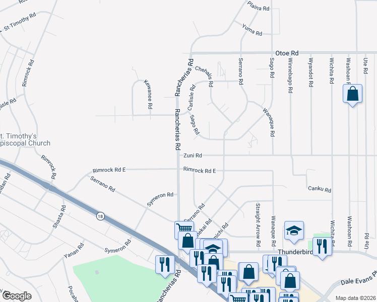 map of restaurants, bars, coffee shops, grocery stores, and more near 15743 Rancherias Road in Apple Valley