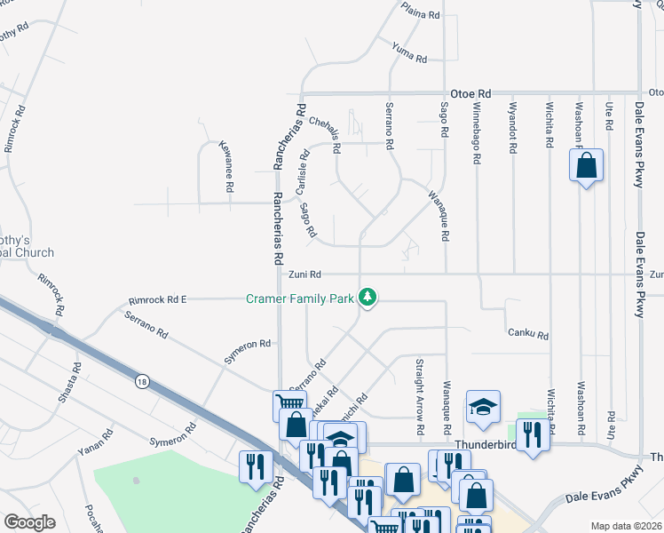 map of restaurants, bars, coffee shops, grocery stores, and more near 20218 Zuni Road in Apple Valley