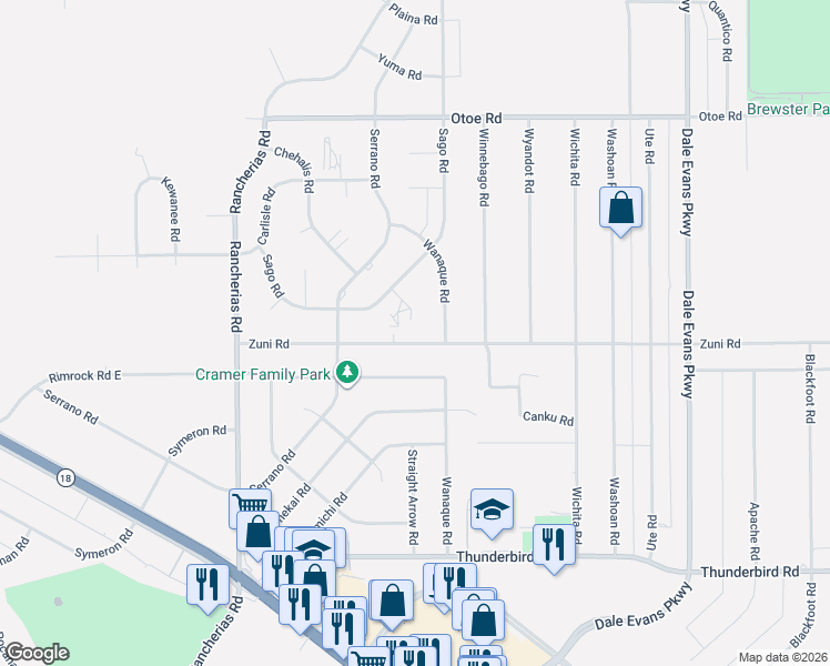 map of restaurants, bars, coffee shops, grocery stores, and more near 20414 Zuni Road in Apple Valley