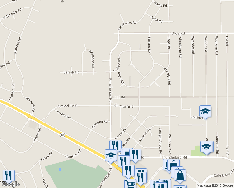 map of restaurants, bars, coffee shops, grocery stores, and more near 15743 Rancherias Road in Apple Valley