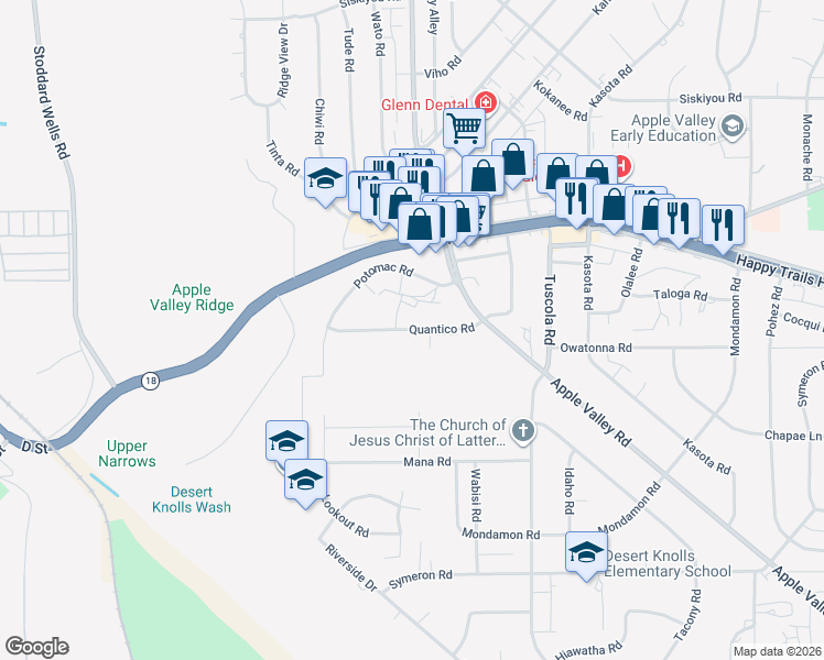map of restaurants, bars, coffee shops, grocery stores, and more near 17910 Quantico Road in Apple Valley