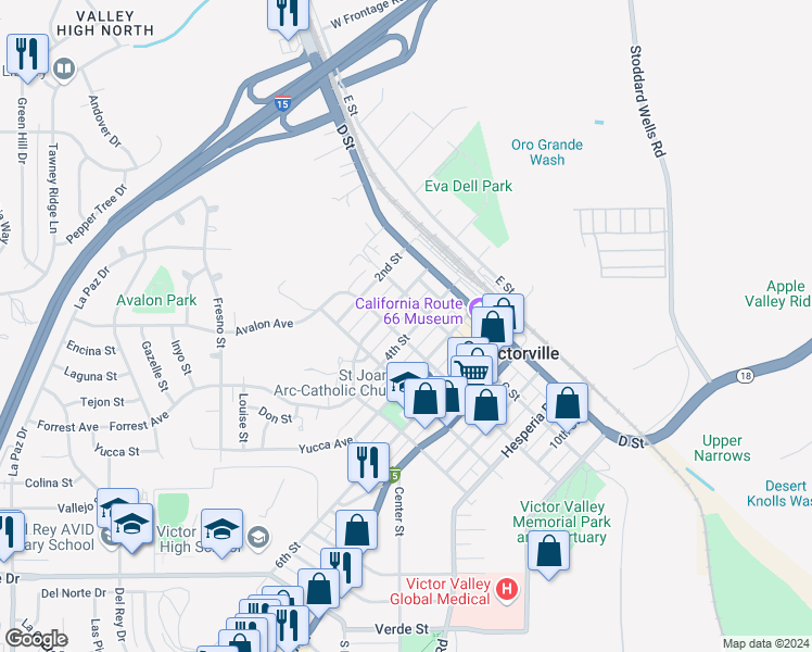 map of restaurants, bars, coffee shops, grocery stores, and more near 15584 4th Street in Victorville
