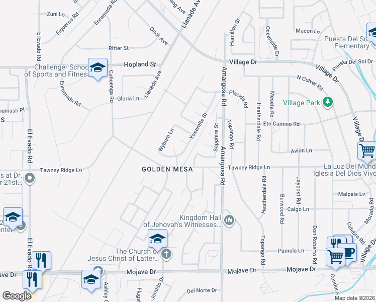 map of restaurants, bars, coffee shops, grocery stores, and more near 15783 Yosemite Street in Victorville