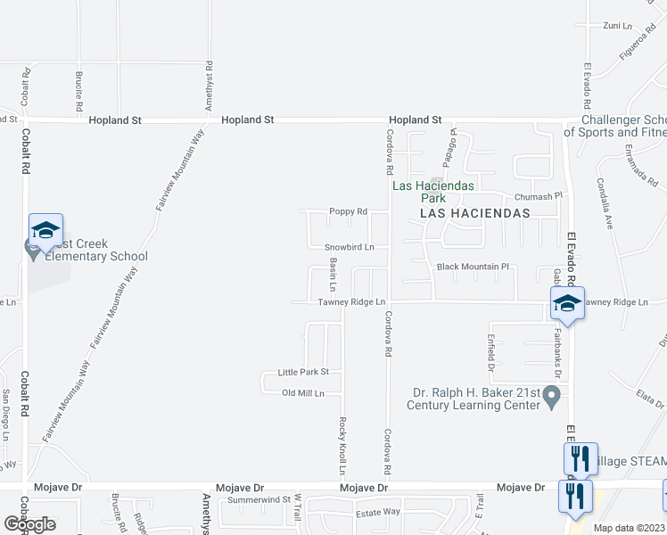 map of restaurants, bars, coffee shops, grocery stores, and more near Basin Lane in Victorville
