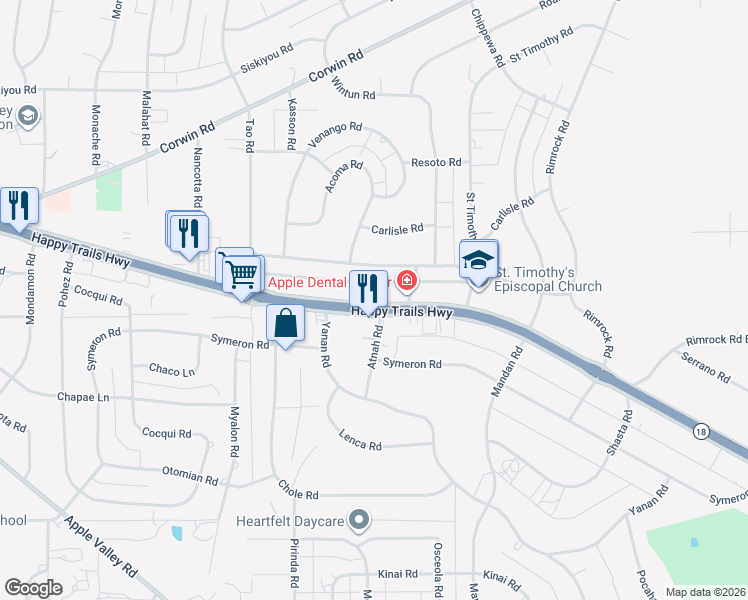 map of restaurants, bars, coffee shops, grocery stores, and more near 19138 California 18 in Apple Valley