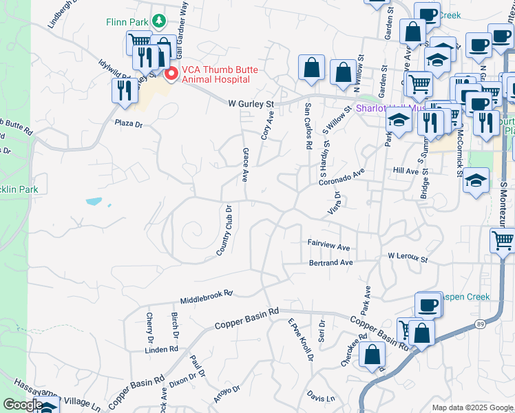 map of restaurants, bars, coffee shops, grocery stores, and more near 945 Country Club Drive in Prescott