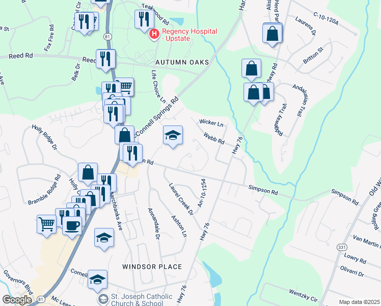 map of restaurants, bars, coffee shops, grocery stores, and more near 311 Simpson Road in Anderson