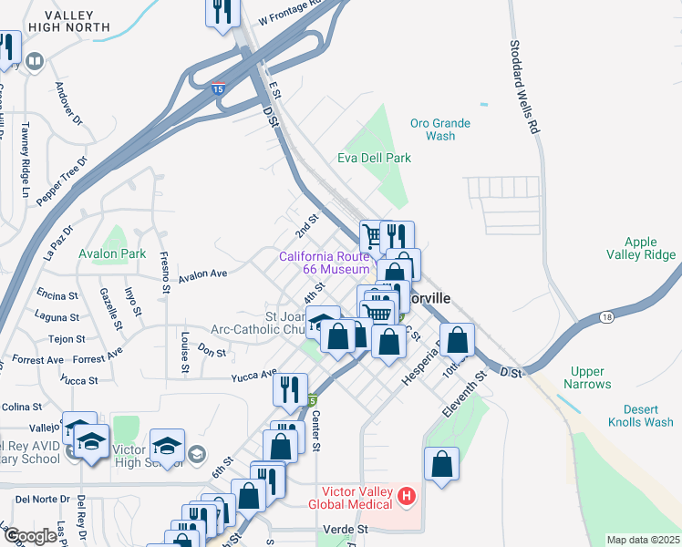 map of restaurants, bars, coffee shops, grocery stores, and more near 15584 4th Street in Victorville