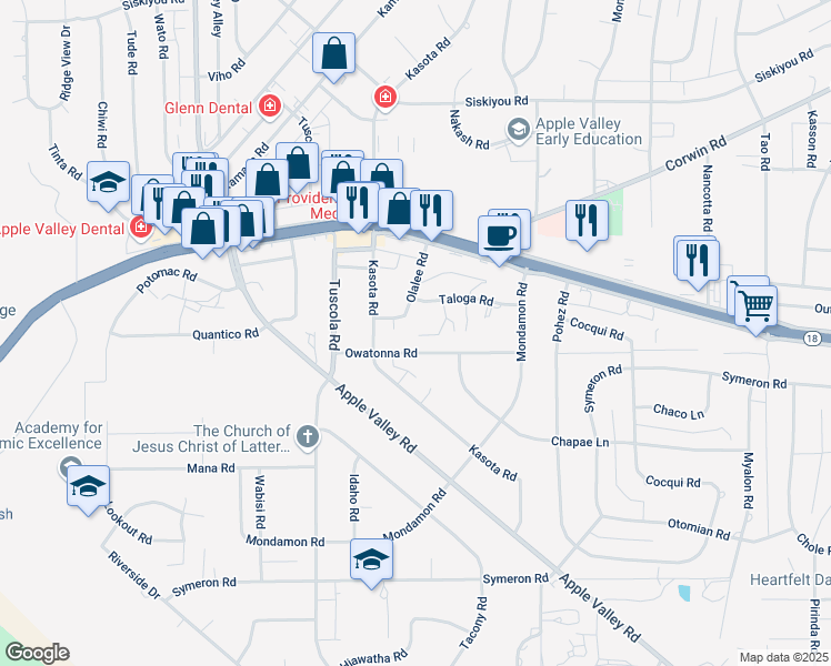 map of restaurants, bars, coffee shops, grocery stores, and more near 15757 Olalee Road in Apple Valley