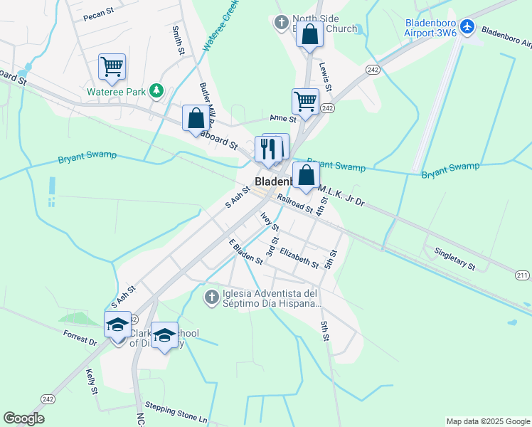 map of restaurants, bars, coffee shops, grocery stores, and more near 104 Ivey Street in Bladenboro