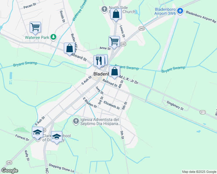 map of restaurants, bars, coffee shops, grocery stores, and more near 211 East Elm Street in Bladenboro