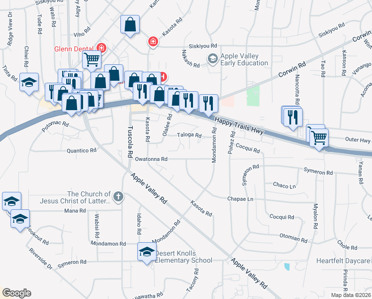 map of restaurants, bars, coffee shops, grocery stores, and more near 18335 Taloga Lane in Apple Valley