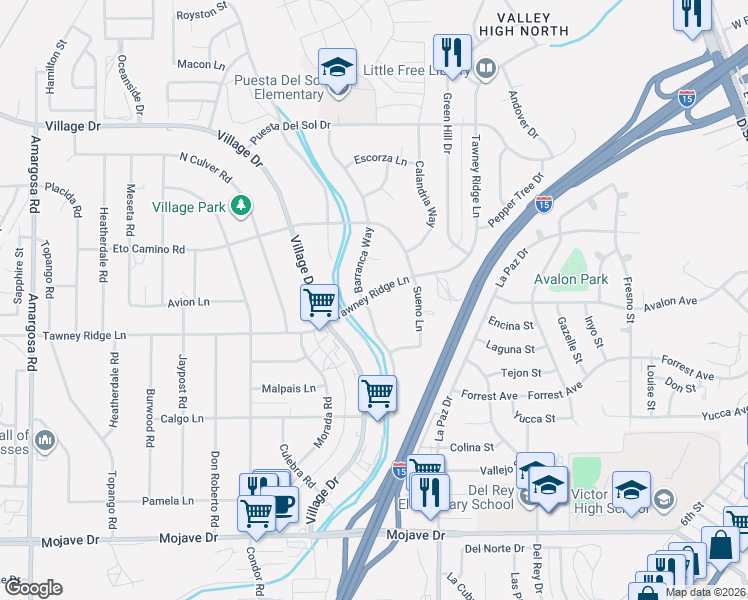 map of restaurants, bars, coffee shops, grocery stores, and more near 15774 Sueno Lane in Victorville