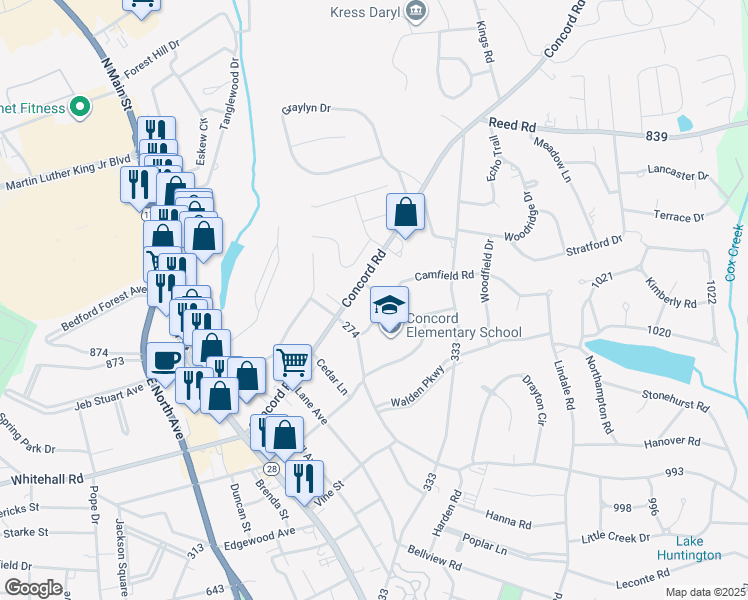 map of restaurants, bars, coffee shops, grocery stores, and more near 500 Concord Road in Anderson