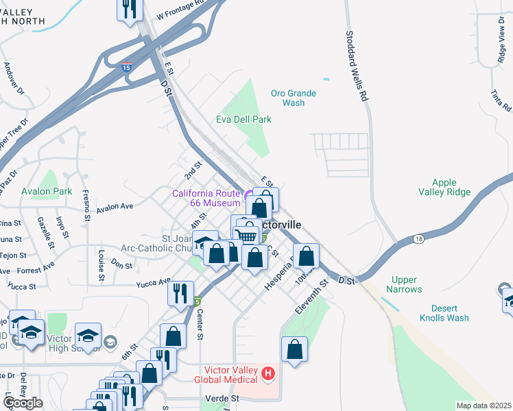 map of restaurants, bars, coffee shops, grocery stores, and more near D Street in Victorville