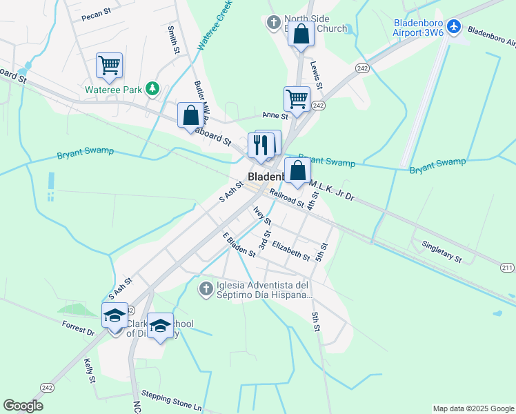 map of restaurants, bars, coffee shops, grocery stores, and more near 104 Ivey Street in Bladenboro