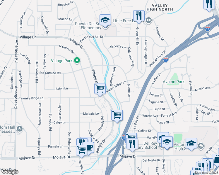map of restaurants, bars, coffee shops, grocery stores, and more near Barranca Way in Victorville