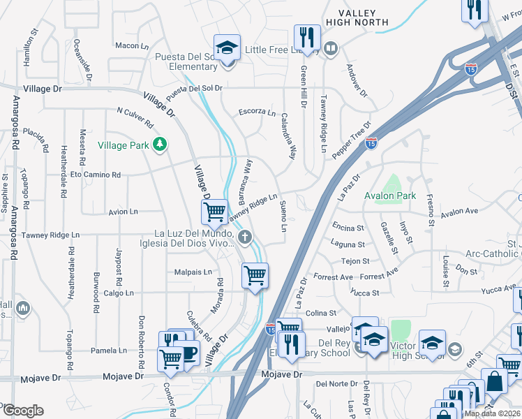 map of restaurants, bars, coffee shops, grocery stores, and more near 16098 Tawney Ridge Lane in Victorville