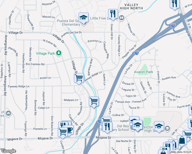map of restaurants, bars, coffee shops, grocery stores, and more near 15774 Sueno Lane in Victorville