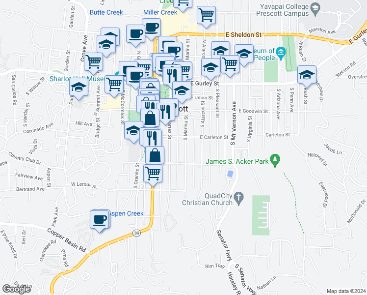 map of restaurants, bars, coffee shops, grocery stores, and more near 318 South Marina Street in Prescott
