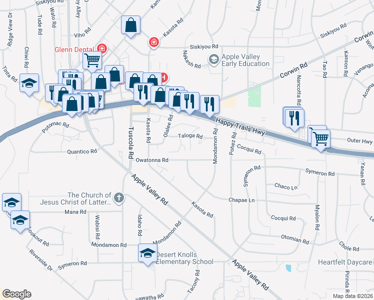 map of restaurants, bars, coffee shops, grocery stores, and more near 18335 Taloga Lane in Apple Valley