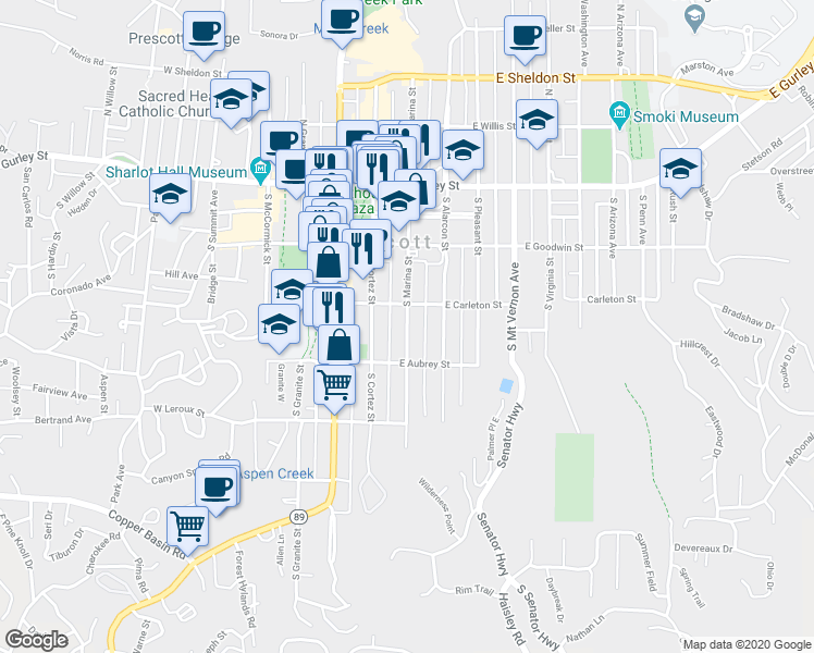map of restaurants, bars, coffee shops, grocery stores, and more near 318 South Marina Street in Prescott