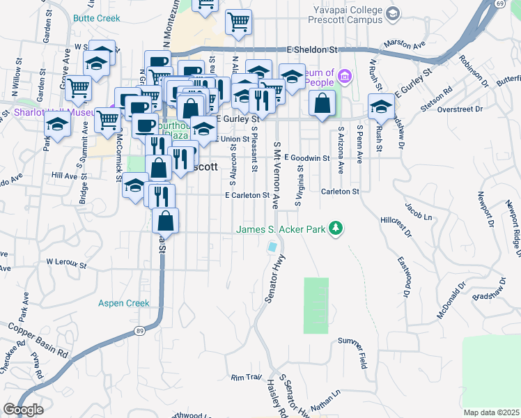 map of restaurants, bars, coffee shops, grocery stores, and more near 313 South Pleasant Street in Prescott
