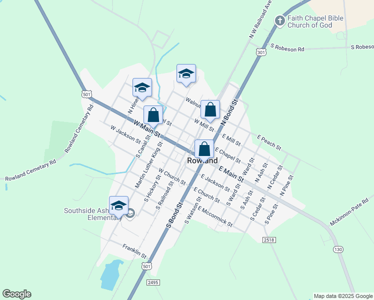 map of restaurants, bars, coffee shops, grocery stores, and more near West Main Street & South Railroad Street in Rowland