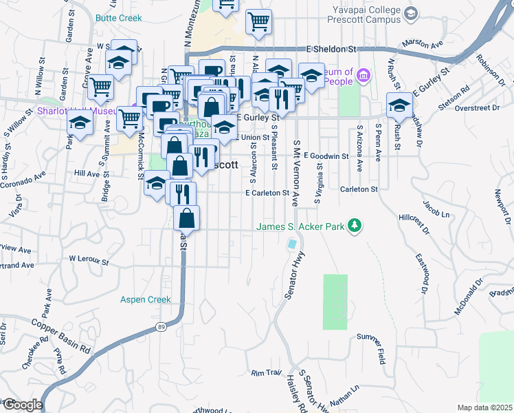 map of restaurants, bars, coffee shops, grocery stores, and more near 313 South Alarcon Street in Prescott