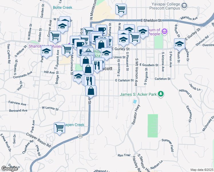 map of restaurants, bars, coffee shops, grocery stores, and more near 309 South Marina Street in Prescott