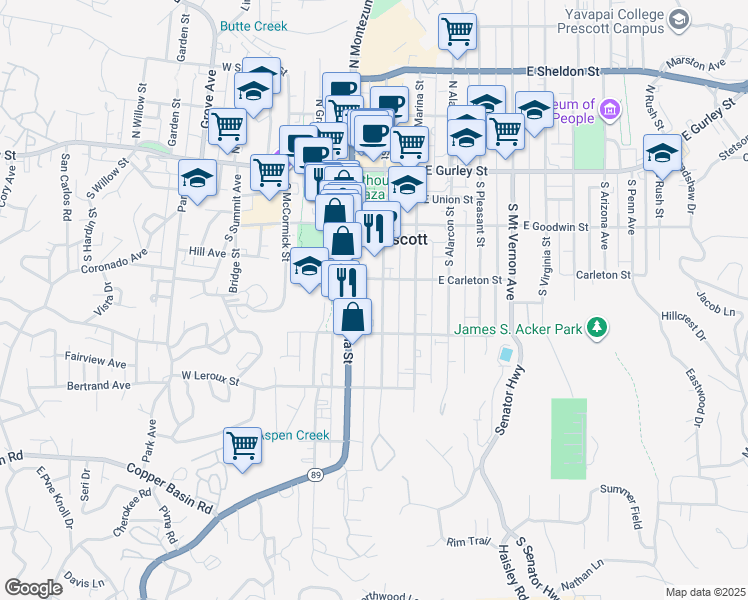 map of restaurants, bars, coffee shops, grocery stores, and more near 315 South Cortez Street in Prescott